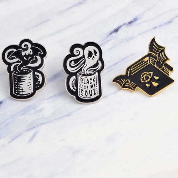 Goth Ghost Horror Coffee Mug Cup “Black Like My Soul” Metal Enamel Pin Brooch - Picture 5 of 11